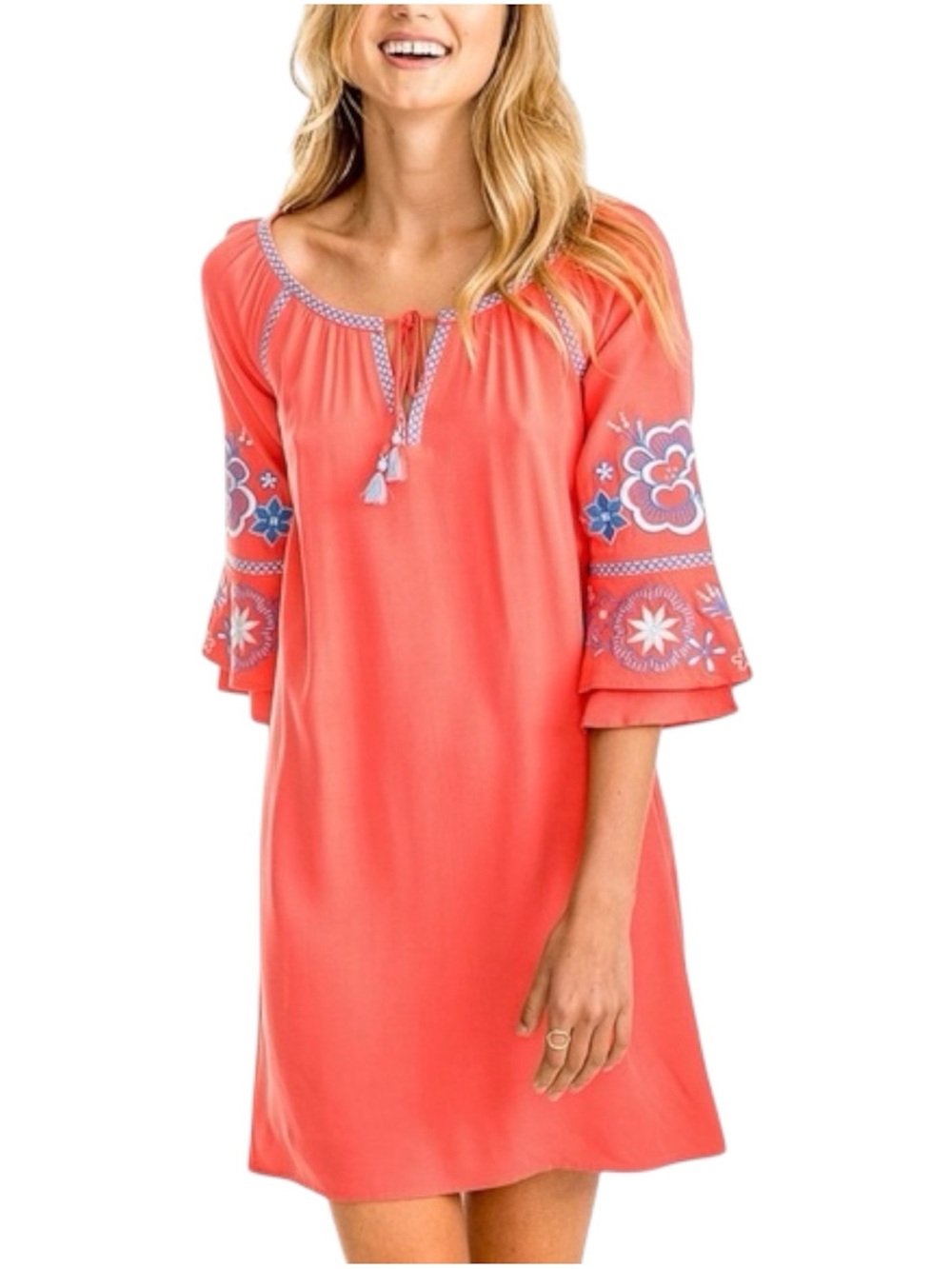 Southern Tide Natalie Embroidered Dress Coral Beach Rayon Bell Sleeve Medium